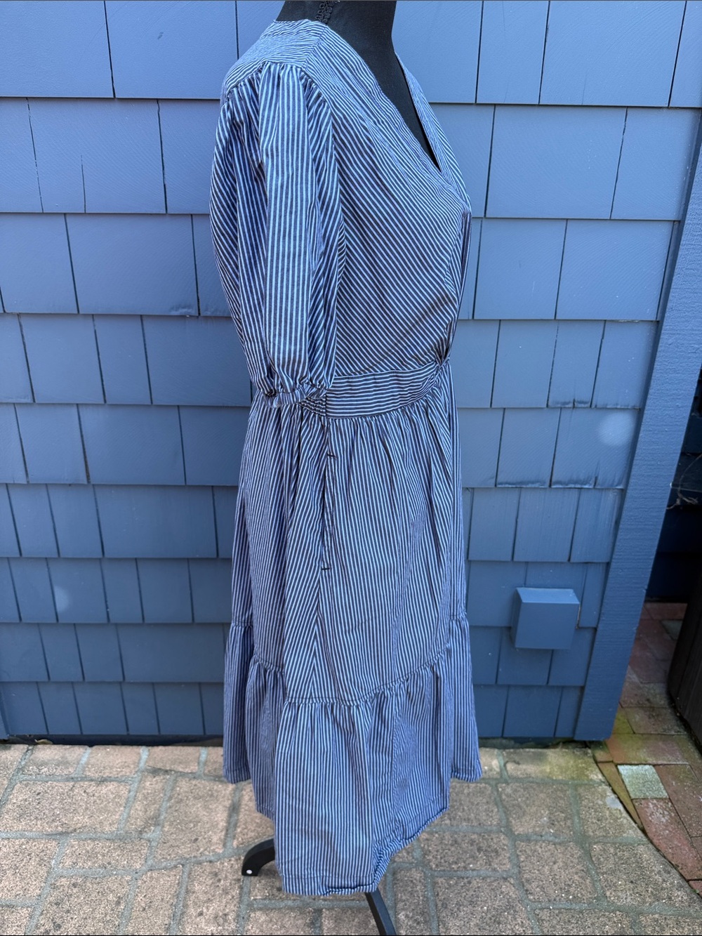 Striped V-Neck Maxi Dress with Puff Sleeves - Blue/White Med cotton - Picture 5 of 11